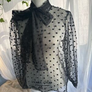 Banana Republic Black Sheer Polka Dot Tie-Neck Blouse